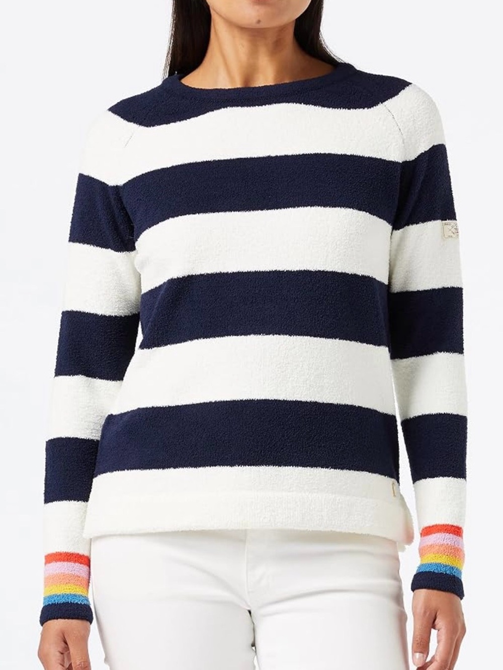 Joules Seaport Navy and White Striped Crew Neck Sweater with Rainbow Cuff Bands
